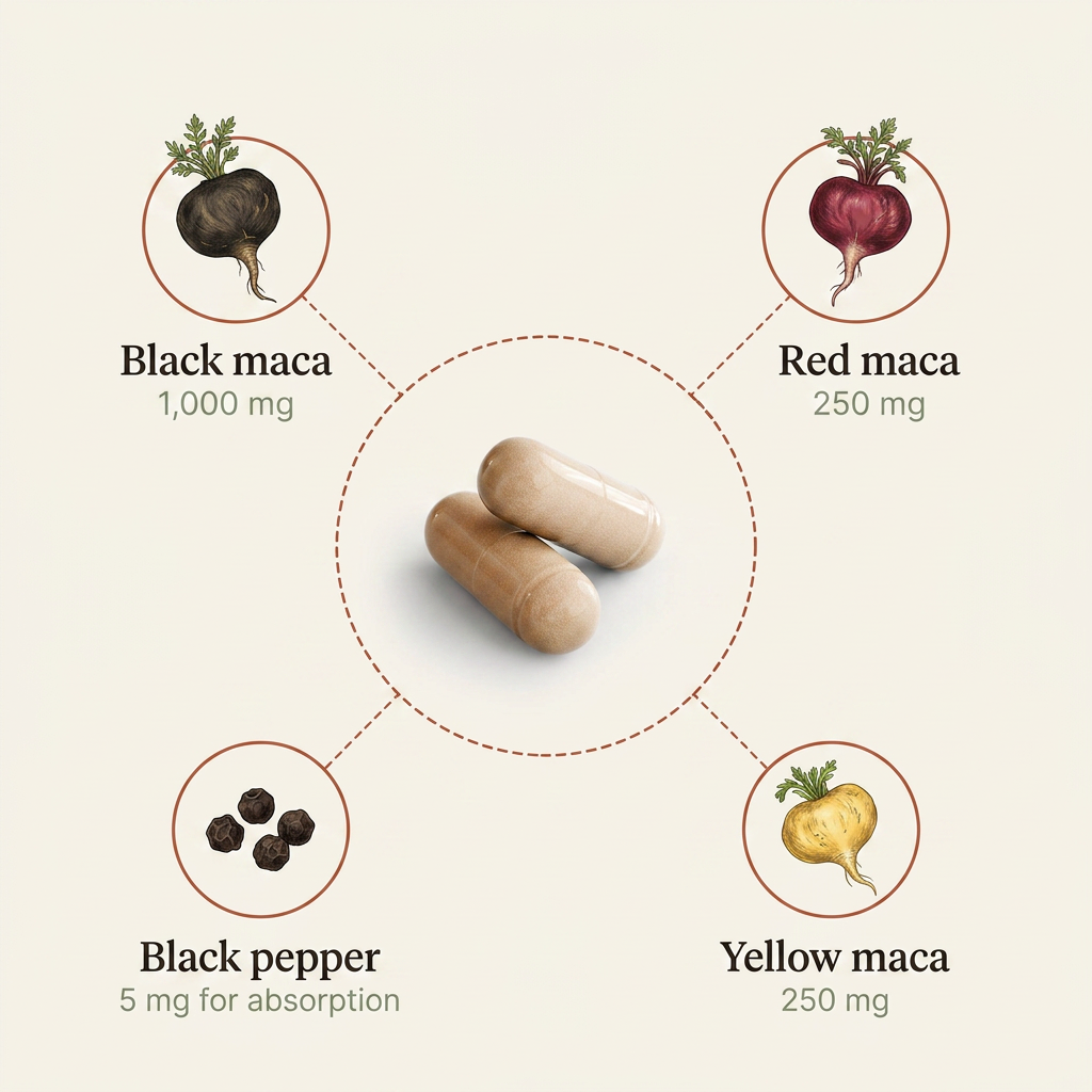 Maca+ ingredients — black, red and yellow maca plus black pepper